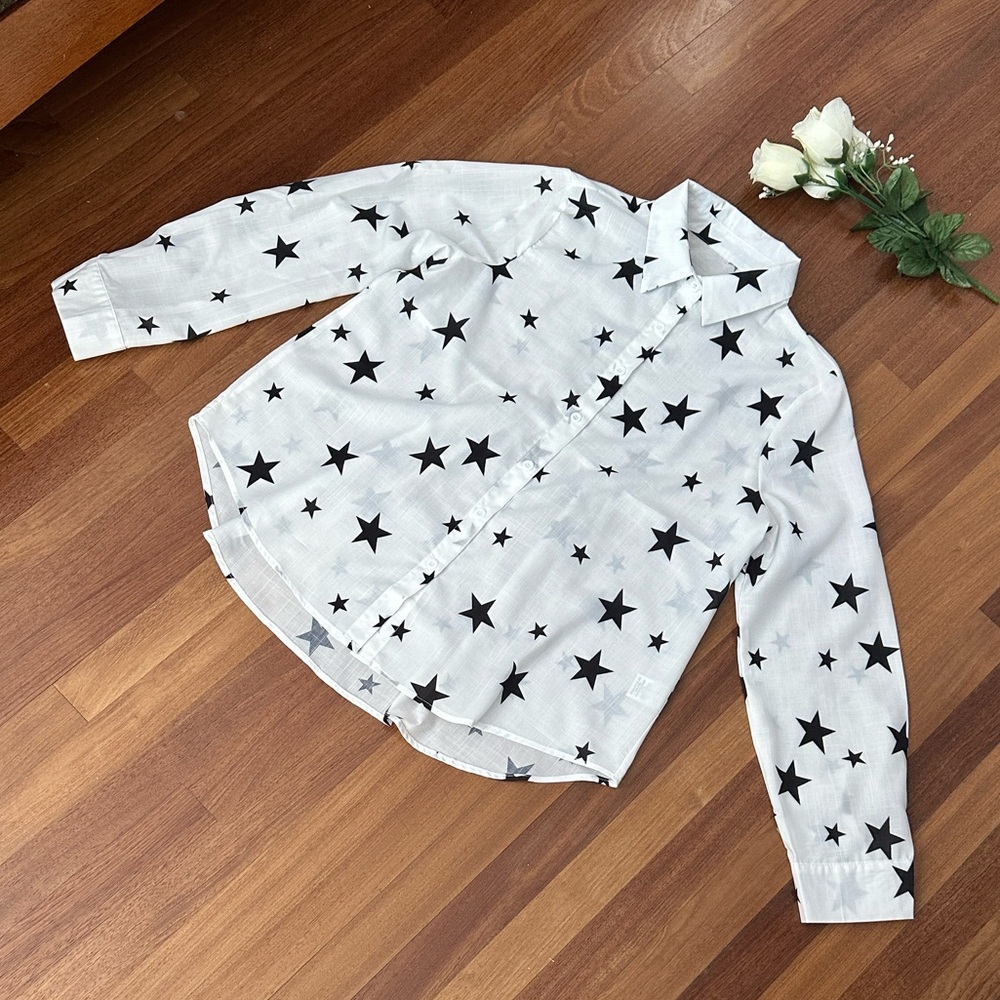 White Button-Up Shirt with Black Star Print